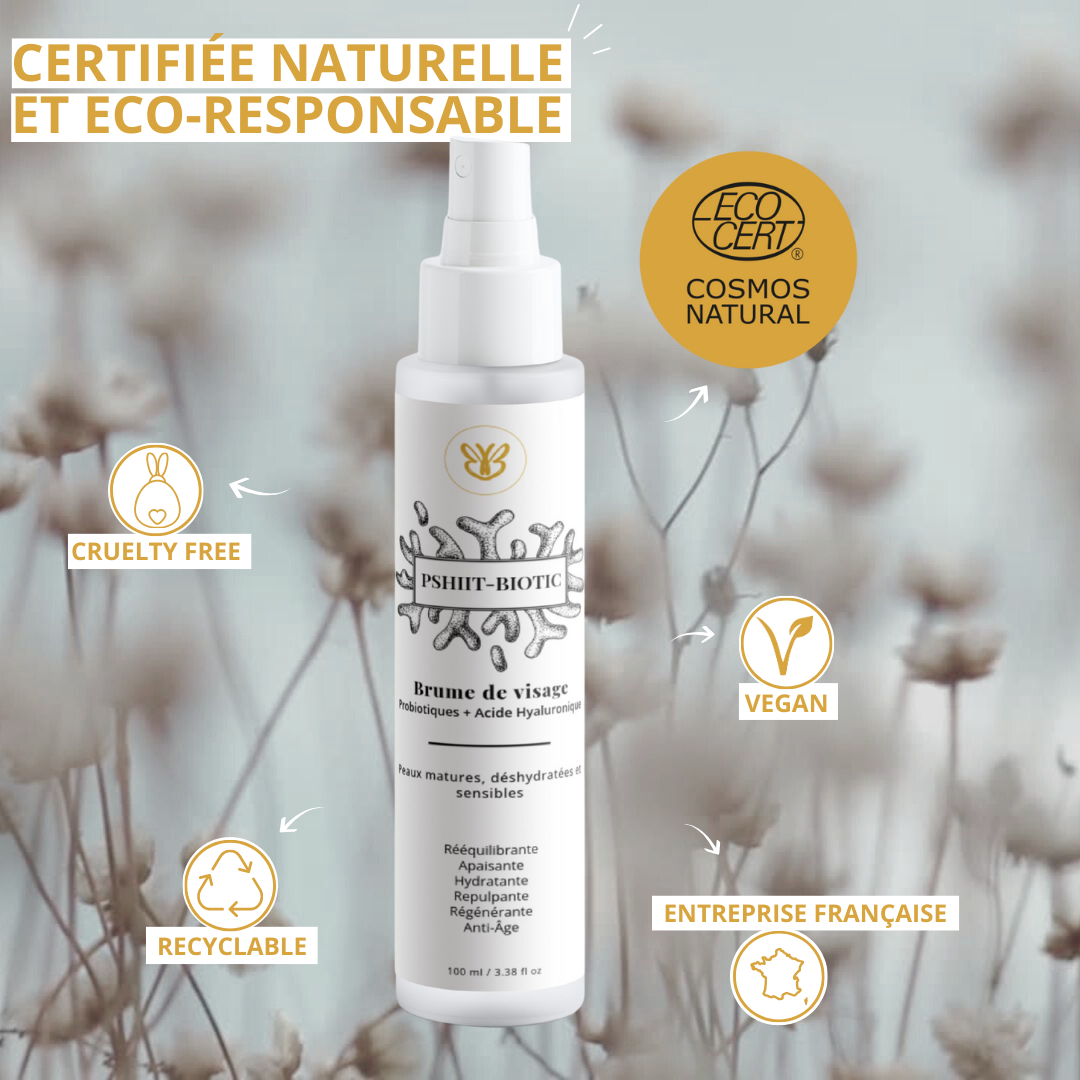 Logos vegan, cruelty-free, Ecocert et COSMOS Natural illustrant les qualités naturelles et responsables de la brume.