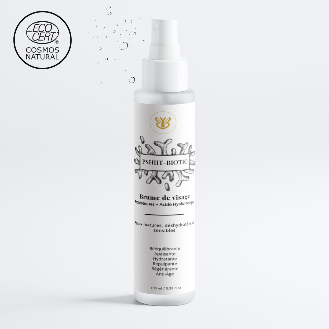 Brume visage Pshiit-Biotic avec logo Ecocert, texture fine et hydratante, soin naturel et vegan.