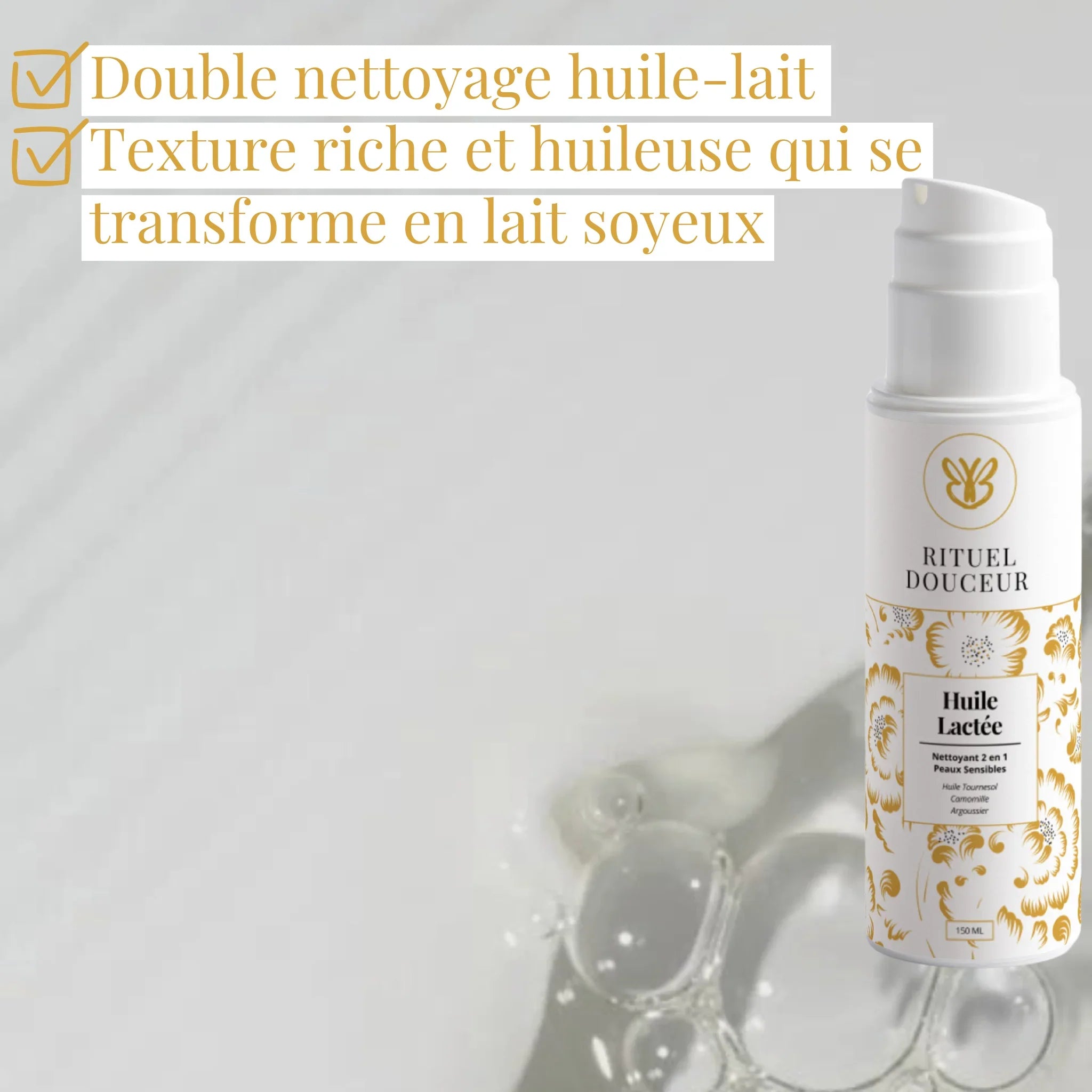 Texture lactée de l’huile démaquillante sur la peau