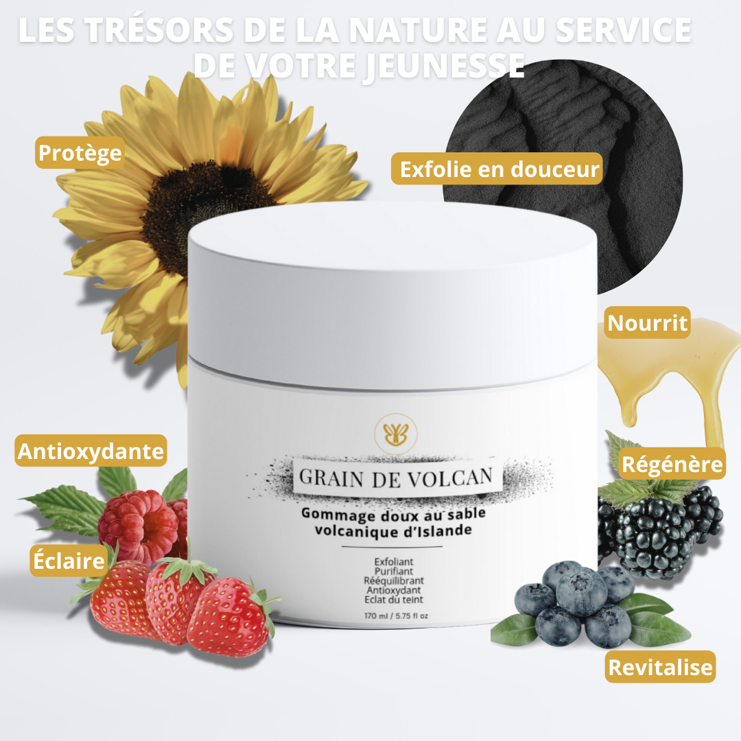 Fruits rouges, huiles végétales et sable volcanique, ingrédients naturels du Gommage Grains de Volcan Belle après 40 ans.