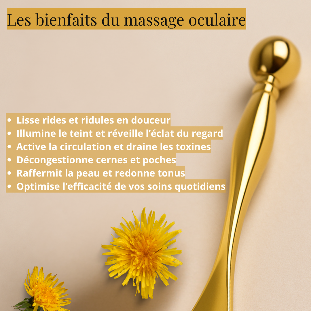 Illustration des effets du massage oculaire : peau lissée, regard reposé, cernes atténués
