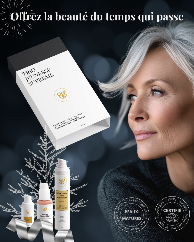 Femme élégante de 50 ans tenant le Coffret Trio Suprême Jeunesse Belle après 40 ans
