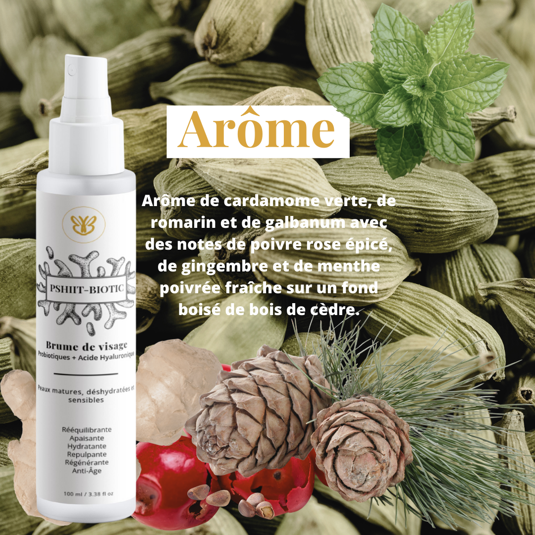 Cardamome, menthe poivrée, romarin et bois de cèdre illustrent l’arôme frais et naturel de la brume visage.