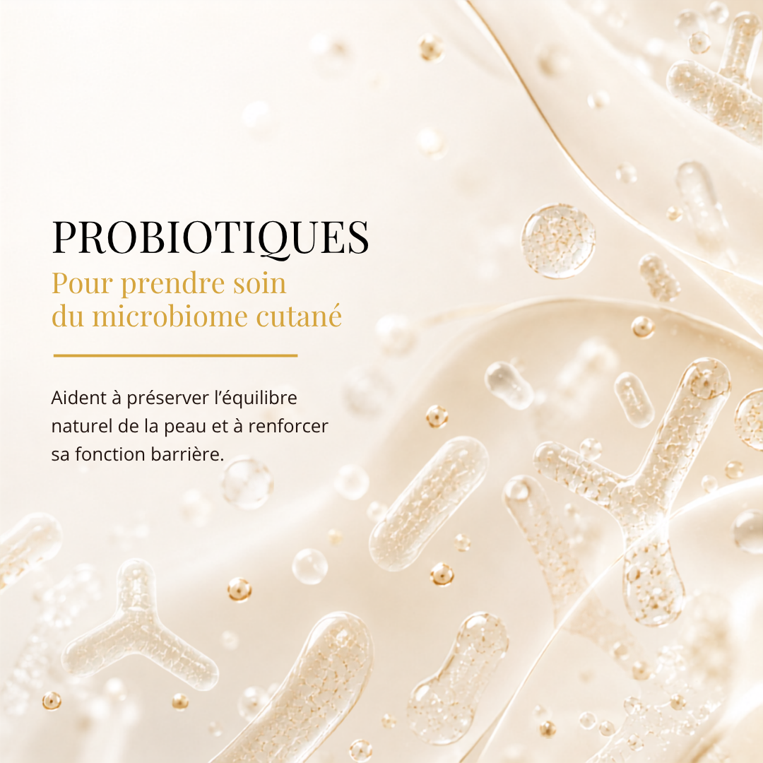 Probiotiques pour préserver l’équilibre du microbiome cutané et renforcer la fonction barrière de la peau.