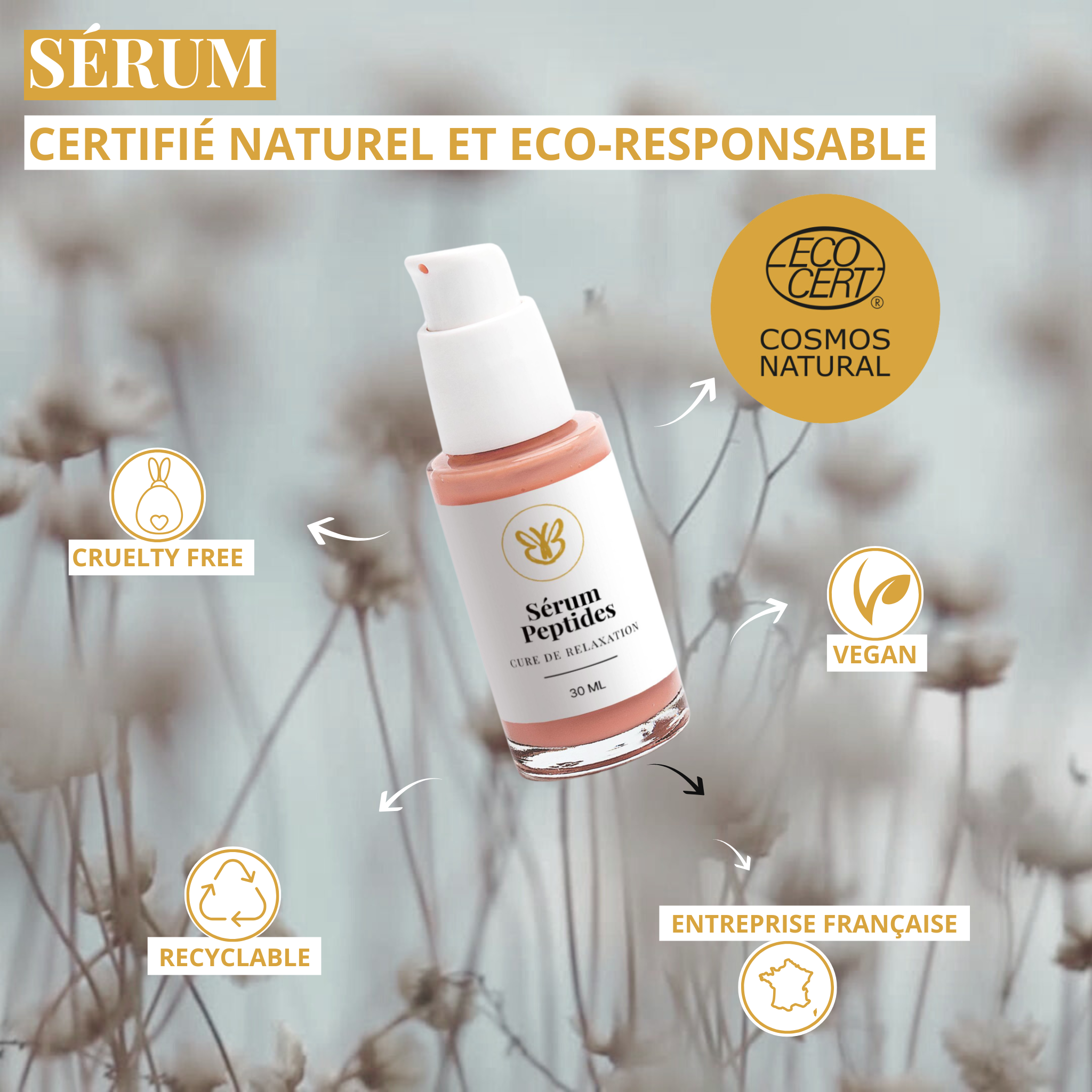 Sérum aux peptides et acide hyaluronique pour peaux matures après 40 ans, effet tenseur naturel, arôme doux, soin vegan et certifié naturel.