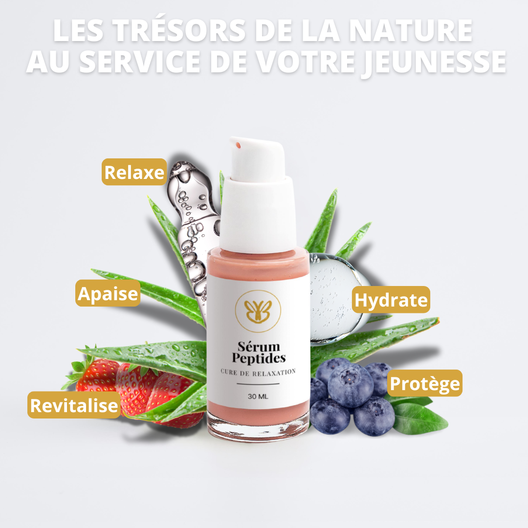 Sérum visage aux peptides (Hexapeptide-11), jus d’Aloe Vera bio, acide hyaluronique hydrolysé et huiles végétales de jojoba, myrtille et ricin, effet lissant naturel, idéal peaux sensibles et matures après 40 ans, arôme délicat et formule vegan d’origine naturelle.