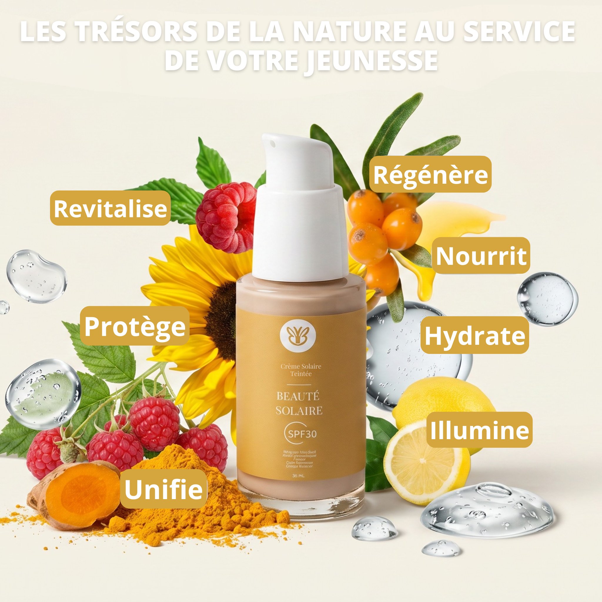 Ingrédients naturels de la Beauté Solaire Teintée SPF 30 pour protéger et sublimer la peau