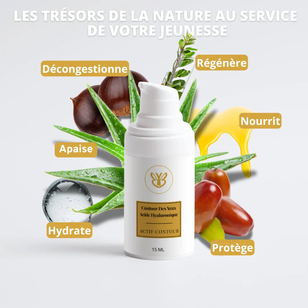 Les trésors de la nature pour défatiguer le regard : bleuet, extrait d’algue, acide hyaluronique et sureau dans notre soin contour des yeux.