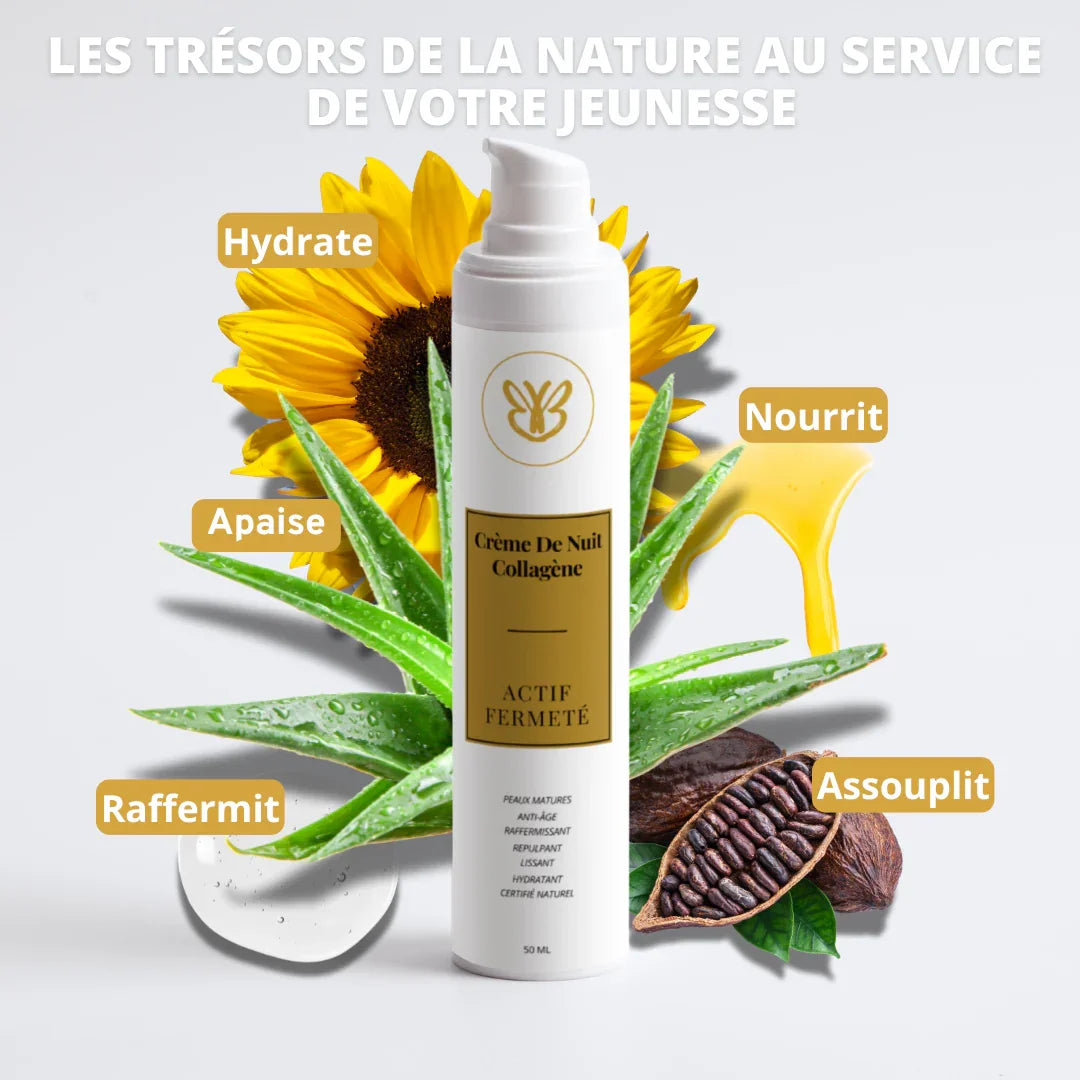 Les trésors de la nature pour raffermir la peau : beurre de cacao, algue brune, fleur de cresson et hyaluronate de sodium dans notre soin fermeté nuit.