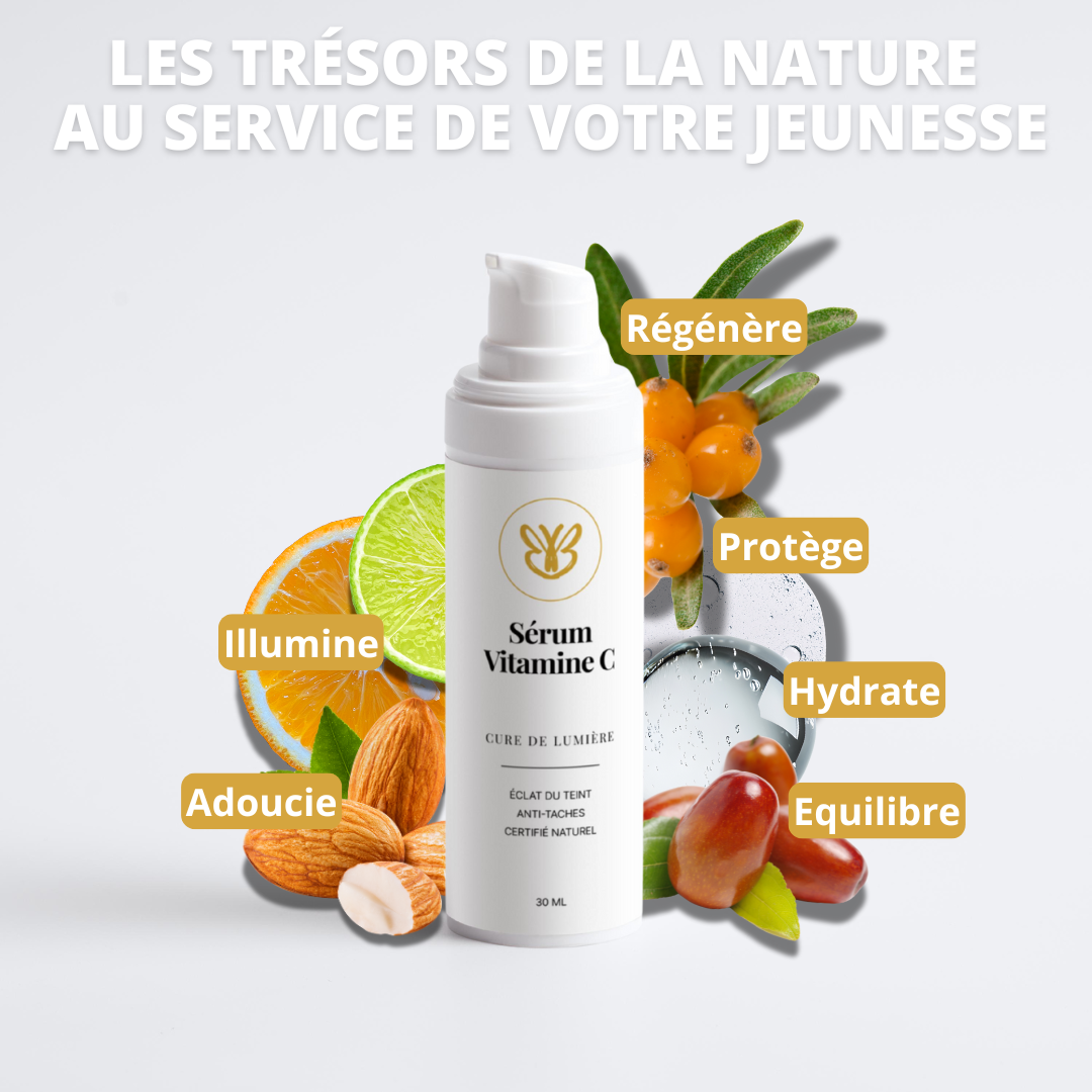 Les trésors de la nature pour illuminer votre teint : mûre des marais, airelle rouge, argousier et vitamine C dans notre sérum éclat.